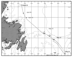 Figure 1 - Sighting history of tabular iceberg - 
Click to Enlarge