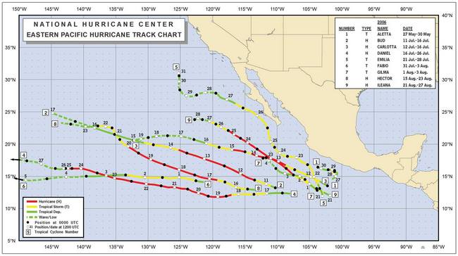  Tracks of eastern North Pacific tropical storms and hurricanes of 2006