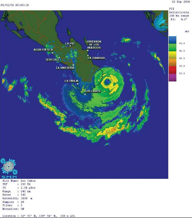 Image from the Meteorological Service of Mexico's Los Cabos radar of Hurricane John