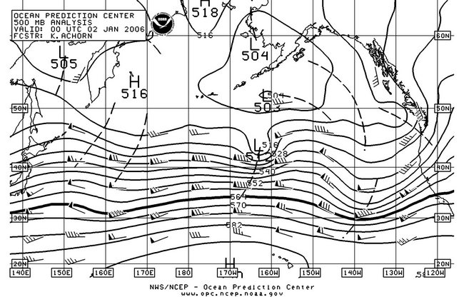 Figure 1. OPC North Pacific 500-MB Analysis. Click to enlarge
