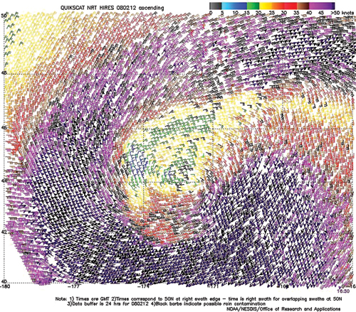 High resolution QuikScat scatterometer image of satellite-sensed winds