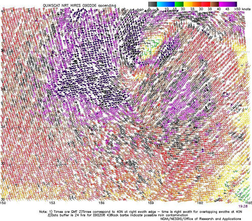 High resolution QuikSCAT scatterometer image of satellite-sensed winds