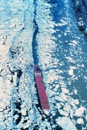 Image of Freighter moving through ice channel - Click to 
Enlarge