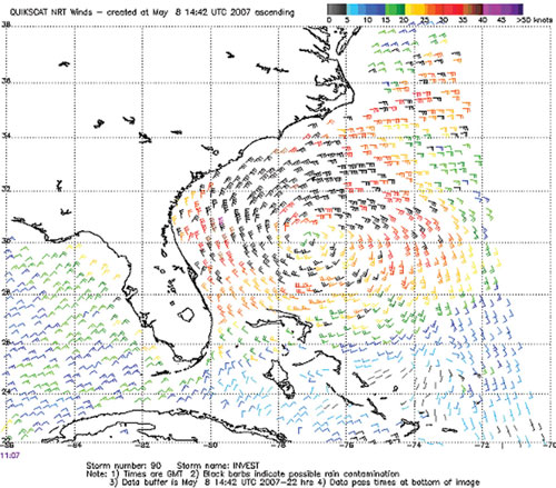 May Quikscat image of satellite-derived winds off the southeast coast of the United States