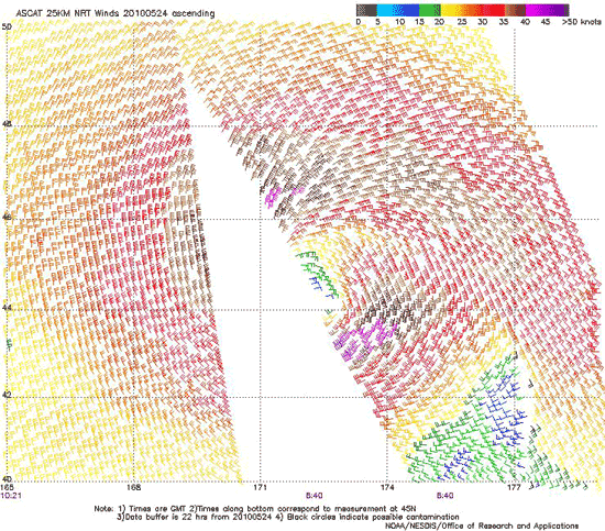 ASCAT scatterometer image of satellite-sensed winds around the storm shown in the first part of Figure 2