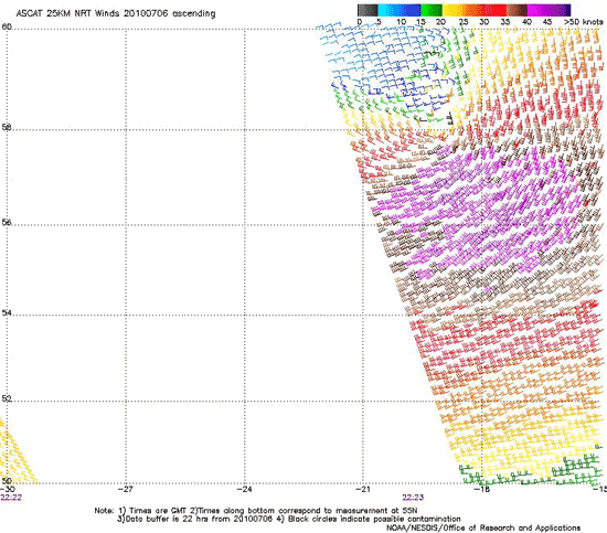 ASCAT (Advanced Scatterometer) image of satellite sensed winds around post-tropical Danielle