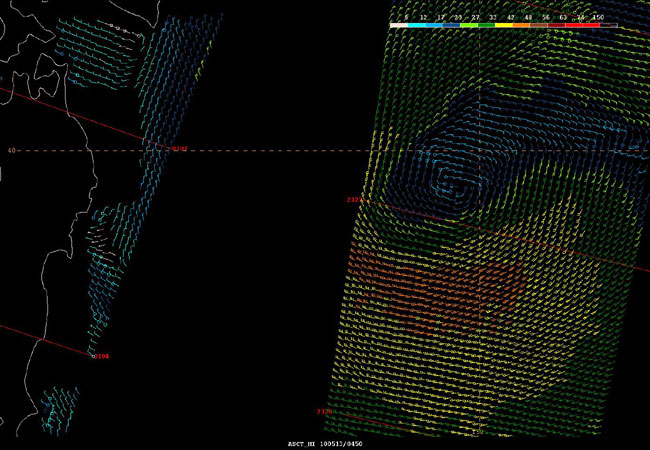 ASCAT 25 km scatterometer image of satellite sensed winds around the storm shown in the second part of Figure 4.