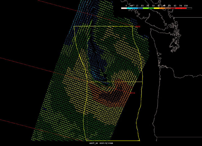 ASCAT 25 km scatterometer image of satellite-sensed winds around the storm