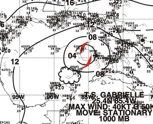 Figure 3 - Surface Pressure Analysis for T.S. Gabrielle - Click to enlarge