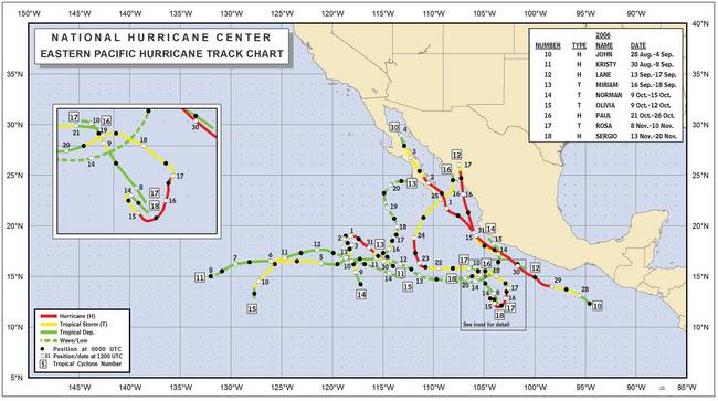 Tracks of eastern North Pacific tropical storms and hurricanes of 2006