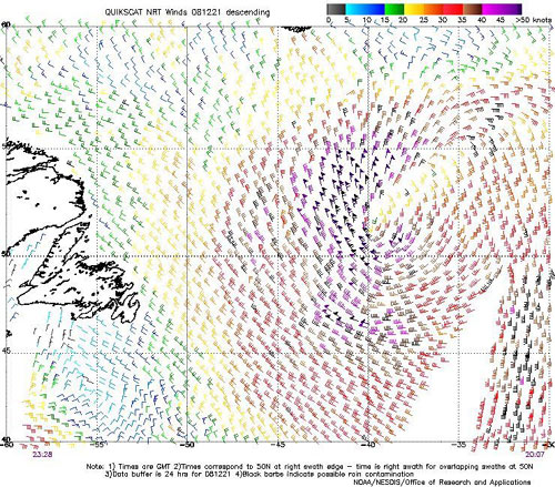 QuikSCAT scatterometer image of satellite-sensed winds 