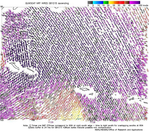 QuikScat scatterometer image of satellite-sensed winds around the storm 