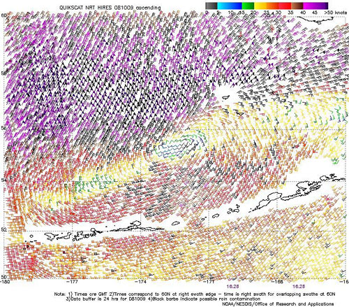 High resolution QuikSCAT scatterometer image of satellite-sensed winds