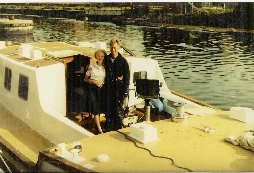 Bob Mason and his wife, Mary, half an hour after launching. After five years of work she floated perfectly to her marks.