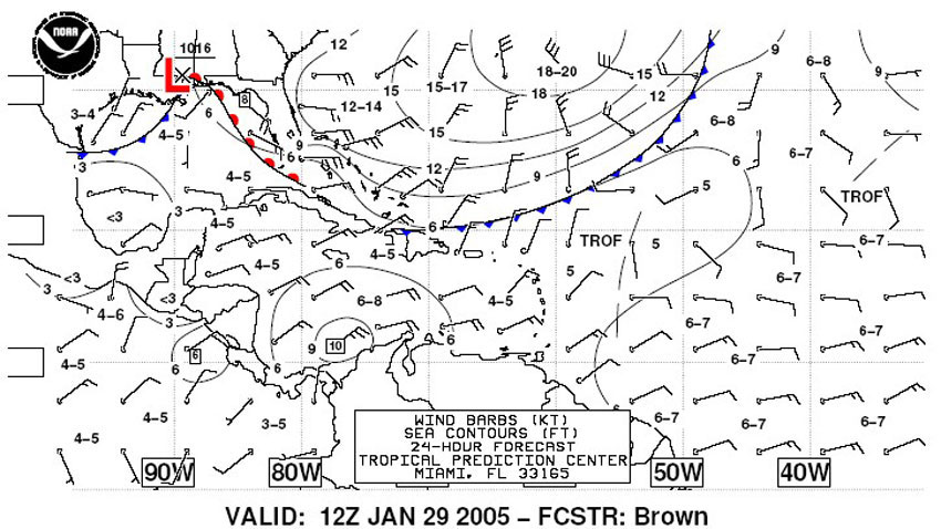 Figure 3. Example of an Atlantic 24 hour wind/wave forecast - Click to Enlarge