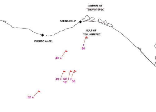 Location of the record breaking six ships reporting storm force or greater winds