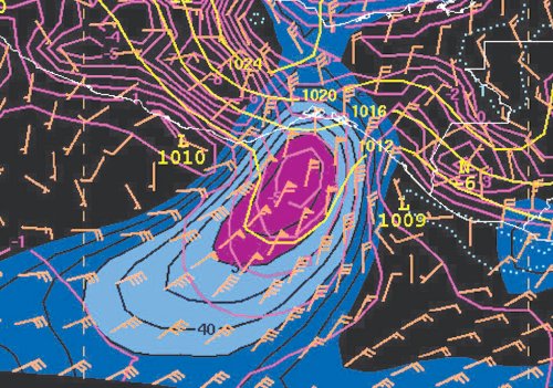 NAM 975 hPa wind, 975 hPa-surface lapse rate, and sea level pressure 12 hr forecast valid 0000 UTC 6 Mar 2007