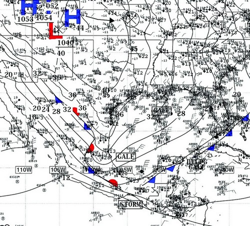 TPC Surface Analysis from 0000 UTC 2 January 2008 depicting the large 1054 hPa anticyclone