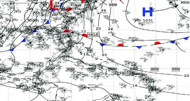 Synoptic weather pattern leading to gale conditions in the western Atlantic and Gulf of Mexico.