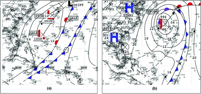 This set of maps shows the rapid evolution of a complex low into a storm force low center