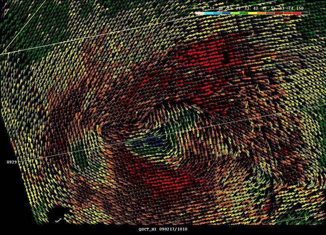 High resolution QuikSCAT scatterometer image of satellite sensed winds