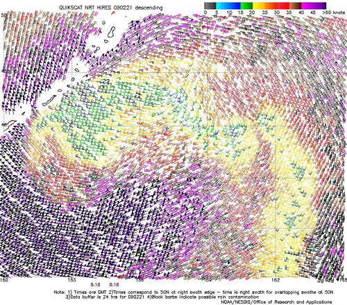 High resolution QuikSCAT scatterometer image of satellite-sensed winds