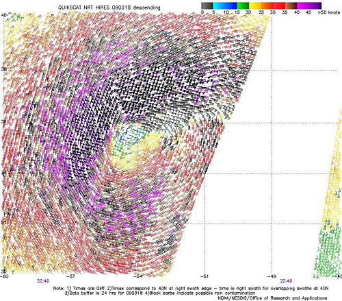 High resolution QuikSCAT scatterometer image of satellite-sensed winds