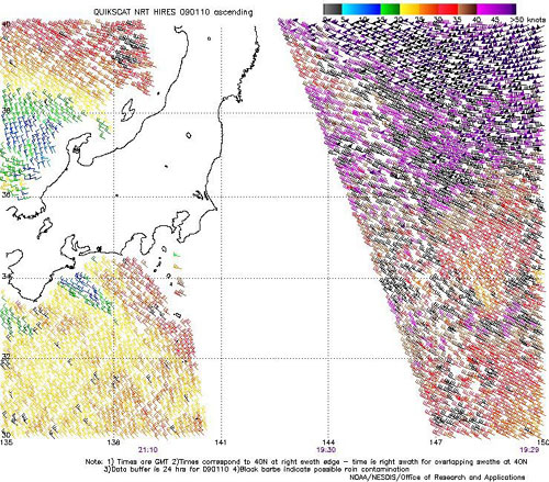 High resolution QuikSCAT scatterometer image of satellite-sensed winds