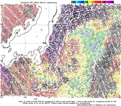 High resolution QuikSCAT scatterometer image of satellite-sensed winds