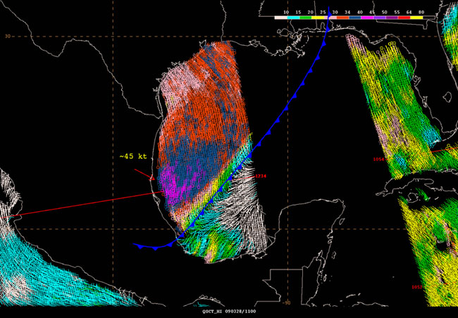 High resolution QuikSCAT pass across the Gulf of Mexico