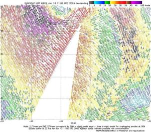 Figure 11.-High-resolution QuikSCAT 
scatterometer image of satellite-sensed winds valid at about 2155 UTC - Click to Enlarge