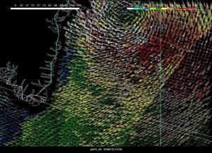 Figure 6.-High-resolution QuikSCAT 
scatterometer image of satellite-sensed winds valid at about 2231 UTC - Click to Enlarge