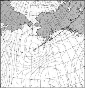 Figure 1. Fleet Numerical Meteorology and Oceanography 
Center (FNMOC) surface pressure chart for 0600 UT - Click to Enlarge