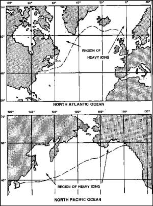 Figure 4. Map of regions in the North Atlantic (top) 
and North Pacific (bottom) where icing generally occurs - Click to Enlarge