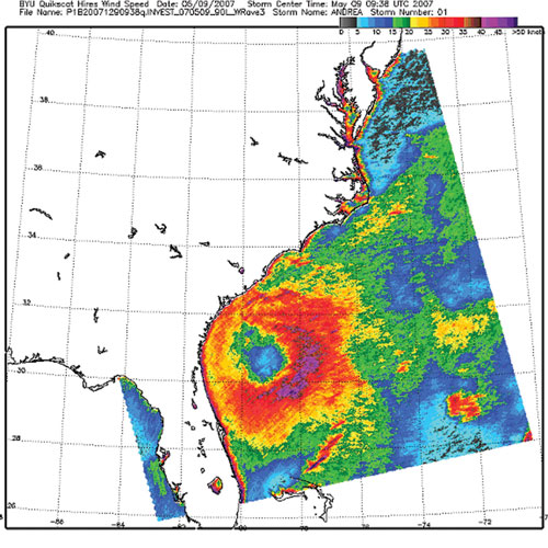 May depiction of high resolution Quikscat satellite-derived wind speed