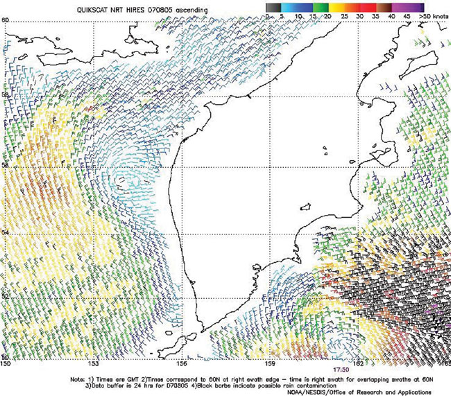 High-resolution QuikScat scatterometer image of satellite-sensed winds