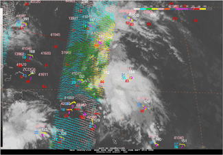 ASCAT pass, infrared satellite imagery from GOES-E