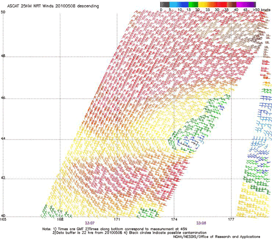 ASCAT scatterometer image of satellite-sensed winds around the storm shown in the first part of Figure 2