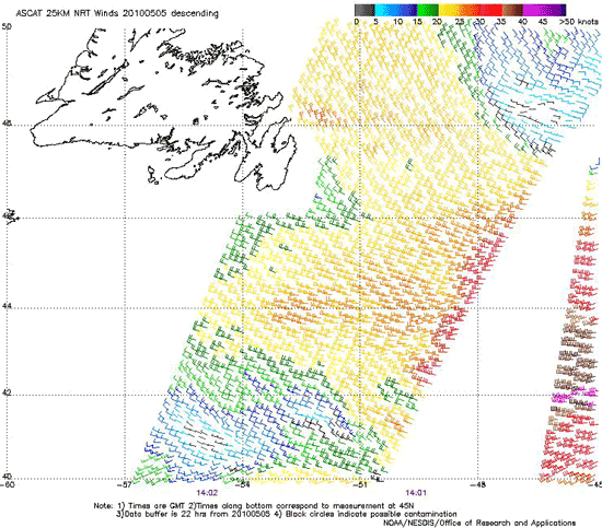 ASCAT (Advanced Scatterometer) image of satellite sensed winds around post-tropical Danielle