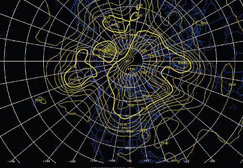 Depicts the 500 mb height field for the Northern Hemisphere