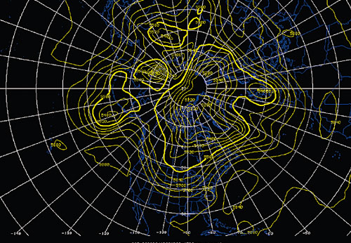 Depicts the 500 mb height field for the Northern Hemisphere